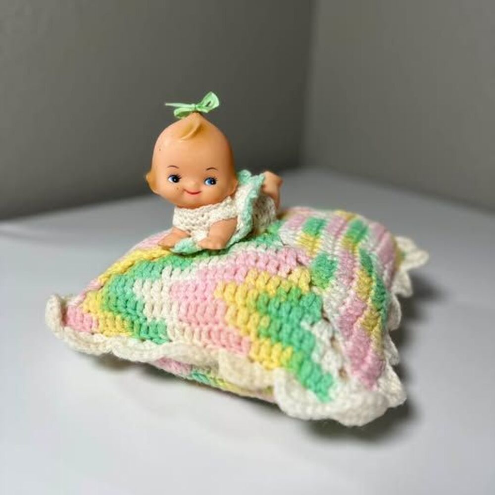 Vintage Kewpie Style Baby Doll on Crochet Pillow